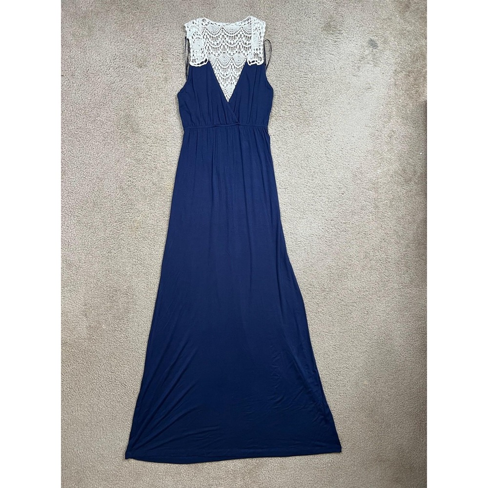 Felicity & Coco Maxi Dress Womens XS Navy Blue Crochet Back Jersey Summer